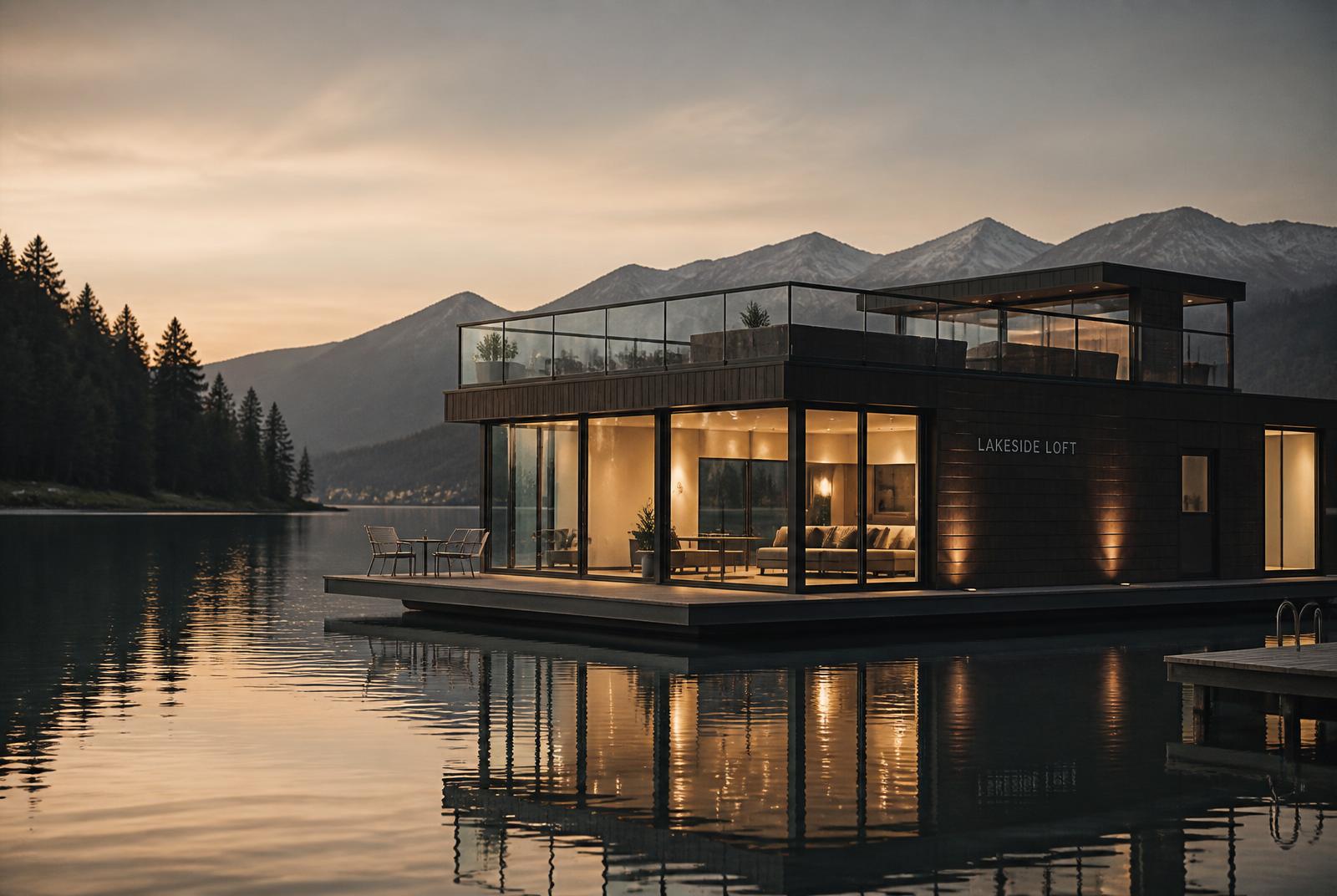 Modernes Hausboot Lakeside Loft am Alpensee in der Abenddämmerung