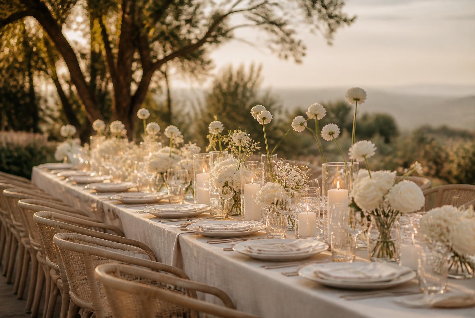 Elegant gedeckte Hochzeitstafel im Freien zur goldenen Stunde